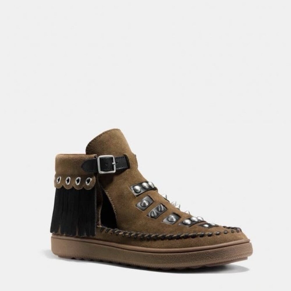 New Coach Women’s 6 Roccasin Cut Out Sneakers NIB Khaki/Black Moccasin Studs